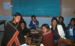 Students in the fifth grade at the Puka Puka village school. The teacher is paid for by the community itself, through various fund-raising projects, most of which have been organized by the Bahá'í community of Puka Puka.