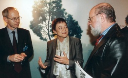 Baroness Sarah Ludford, center, with Ronald Mayer, the ambassador of Luxembourg to the European Parliament, left, and Ulrich Bohner, chief executive of the Congress of Local and Regional Authorities of Europe, right, at a reception on 10 February 2004 inaugurating an exhibition on social harmony.