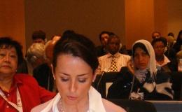 Sarah Vader, a representative of the Bahá'í International Community, reads a statement to the Durban Review Conference.